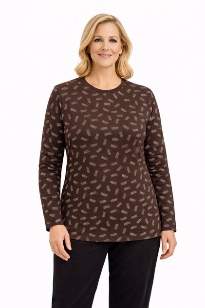 Women's Patterned Round Neck Relaxed Fit Combed Cotton Blouse for Middle Age and Above Mothers 8551