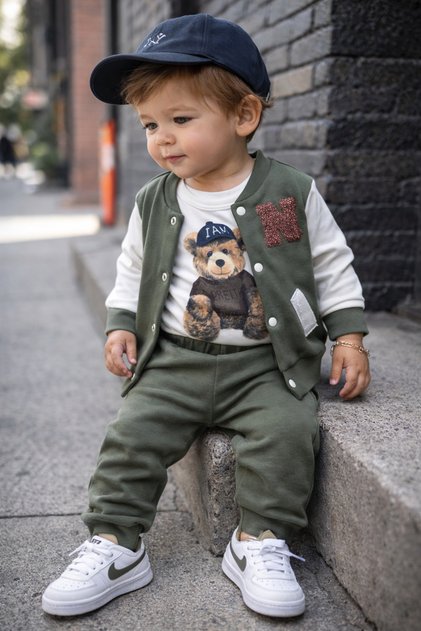 Baby Boy Khaki 3-Piece Set Teddy Bear Printed Bodysuit College Cardigan Pants Set