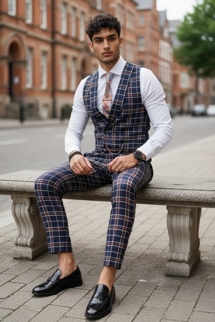 Costum pentru barbati, Pantaloni + Vesta, in carouri, costum evenimente, Bleumarin