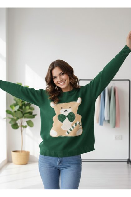 Women's Green Teddy Bear Plush Knitwear Soft Textured Crew Neck Sweater