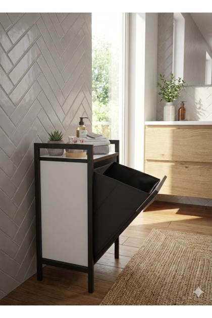 Metal Ahşap Banyo Rafı Düzenleyici Çamaşır Kirli Sepeti Dolabı Rafı