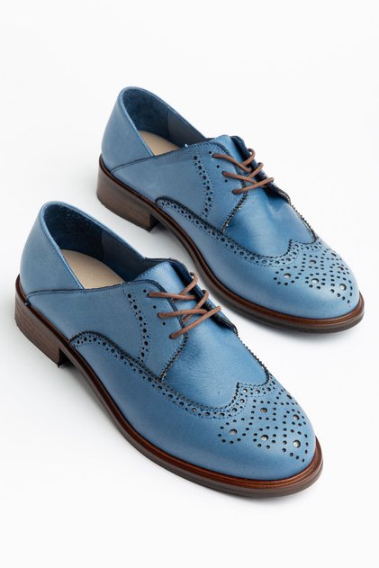 Women's Blue Genuine Leather Lace-Up Loafer Shoes