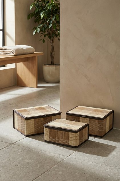 Nordic 3 lü Kapaklı Bambu Sepet Seti