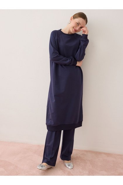 Basic Crew Neck Raglan Sleeve Long Double Tracksuit Set - Navy Blue -