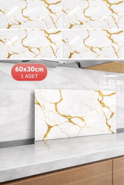 Shiny Gold Mermer Desenli 60x30cm Yapışkanlı Mutfak Banyo Kaplama Duvar Paneli Kağıdı TX-077