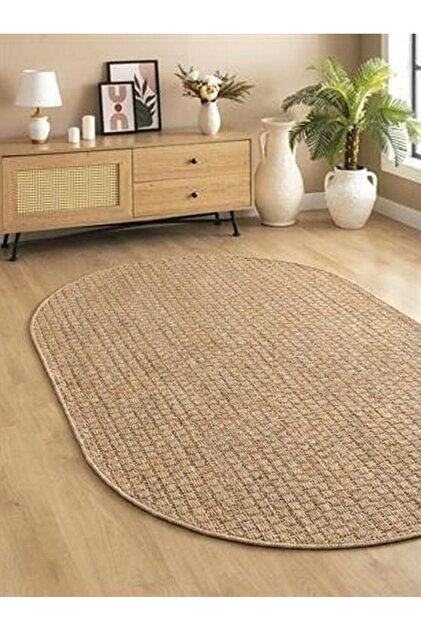 Oval Sisal Jut Hasır Model Tek Renk Dokuma Yıkanabilir Toz Vermez Halı Bej
