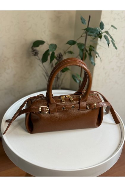 Faux Leather Tan Women's Hand and Shoulder Bag with Belt Detail