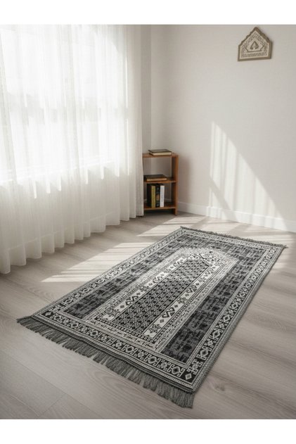 My Evilla Seccade Lightweight Foldable Washable Prayer Mat with Stylish Motifs, Dowry Box and Gift, Gray-Black