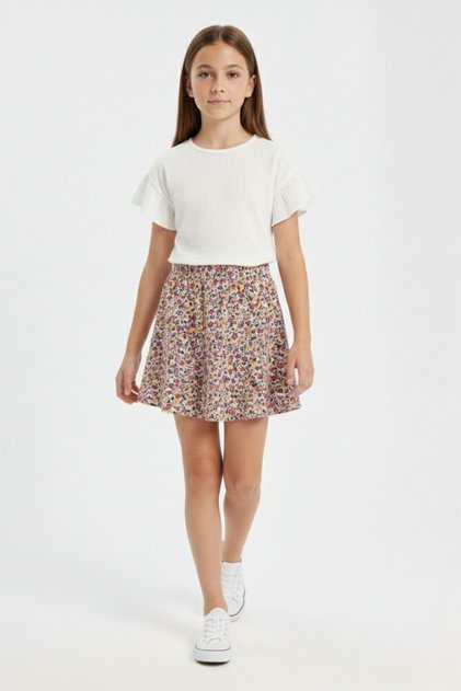 Floral Patterned Wrinkled Fabric Lycra Gathered Sleeve Girls' Set