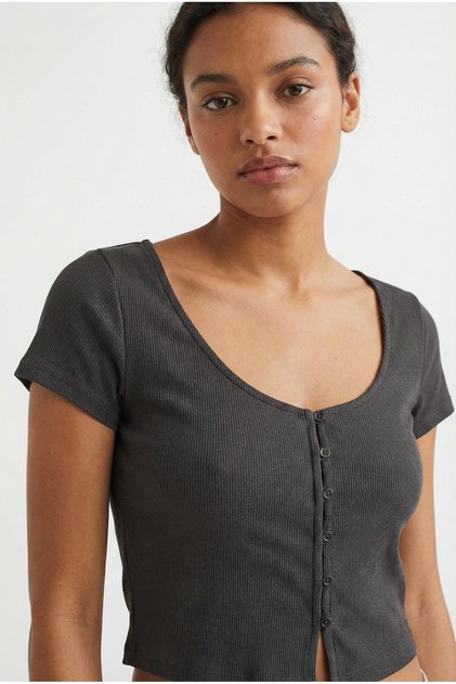 Women's Anthracite Buttoned Front Ribbed Blouse Jf13
