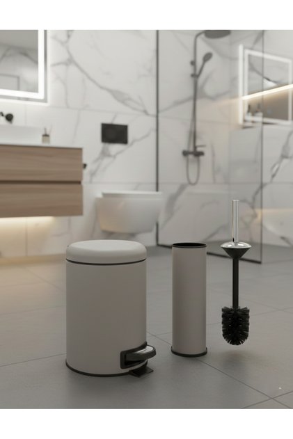 3 Litre BEJ Elit Lüks Banyo Seti Pedallı Çöp Kovası Tuvalet Fırçası LÜKS Banyo Çöp Kovası