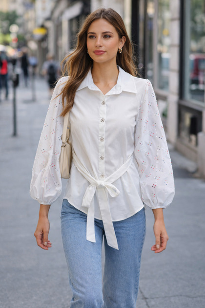 Beaded Embroidered Tunic with Tulle Lining on the Sleeves