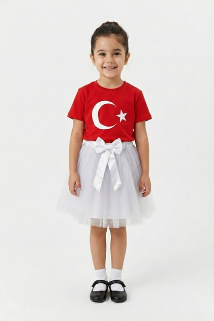Girls' Red Short Sleeve Moon Star T-Shirt White Tutu Skirt Set April 23Rd Show Outfits
