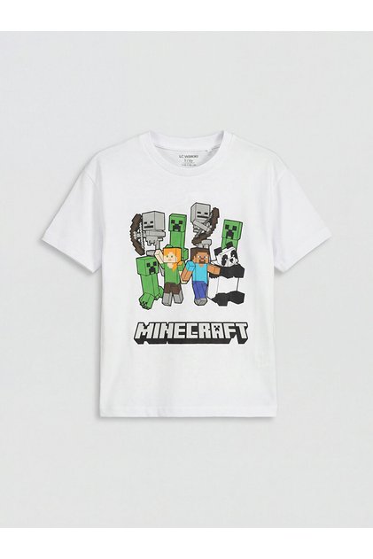 Beyaz Minecraft Baskılı Erkek Çocuk Tişört