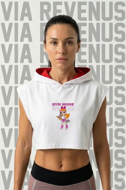 Powerpuff Girls Gym Fashion Front and Back Printed Zero Sleeve Hooded Sportswear Women's Crop