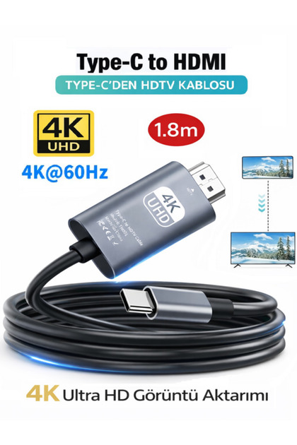 Type-C to HDMI Dönüştürücü 4K Görüntü Aktarma Kablosu 4K@60Hz Ultra HD (1.8 Metre) Gri