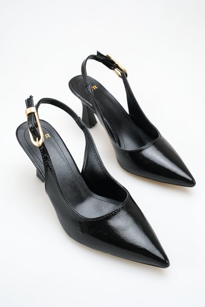 Women's Black Yanki Buckle Open-Back Heeled Shoes