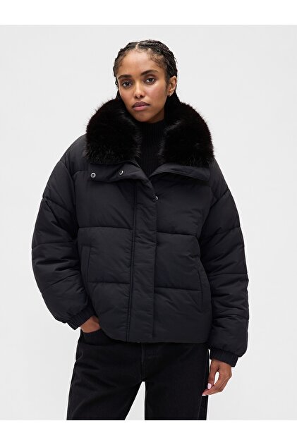 Kadın Siyah Faux Fur-Trim Puffer Şişme Mont