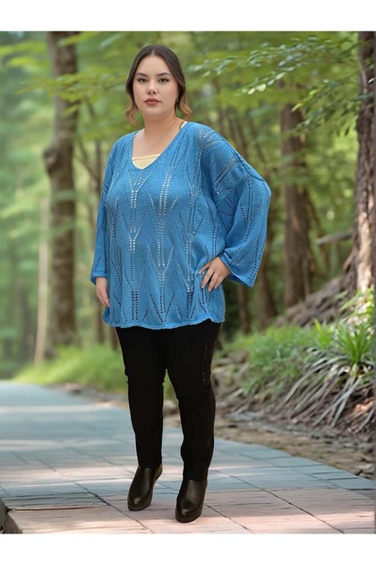 V-Neck Openwork Patterned Italian Mercerized Bluz Sweater