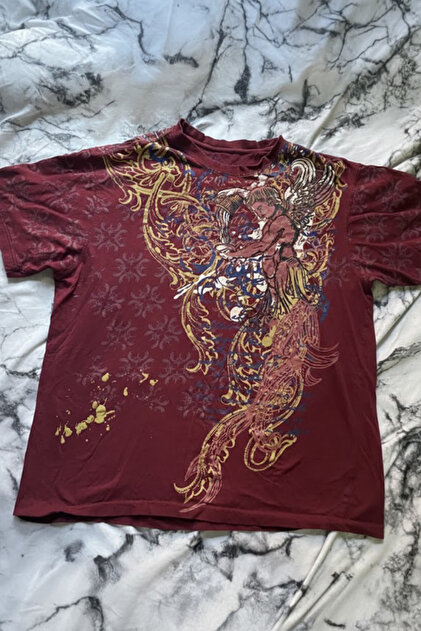 Köstebek Bordo Angel Motifli Vintage Y2K Unisex T-Shirt - Fiyatı