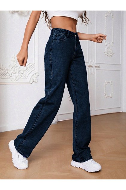 Kadın Yüksek Bel Koyu Mavi Bol Paça Jean — Wide Leg Rahat Kesim Günlük Kot Pantolon