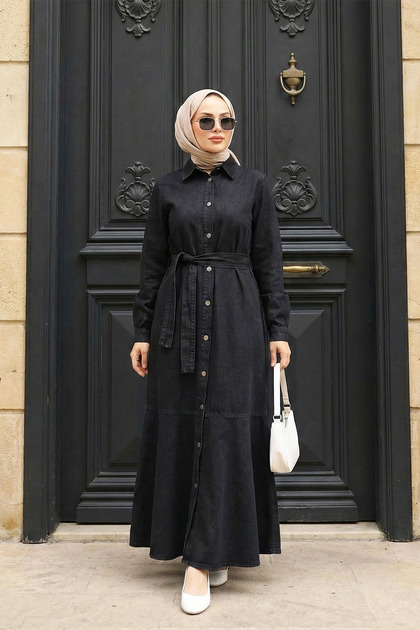 Buttoned Skirt Ruffle Denim Dress - Black