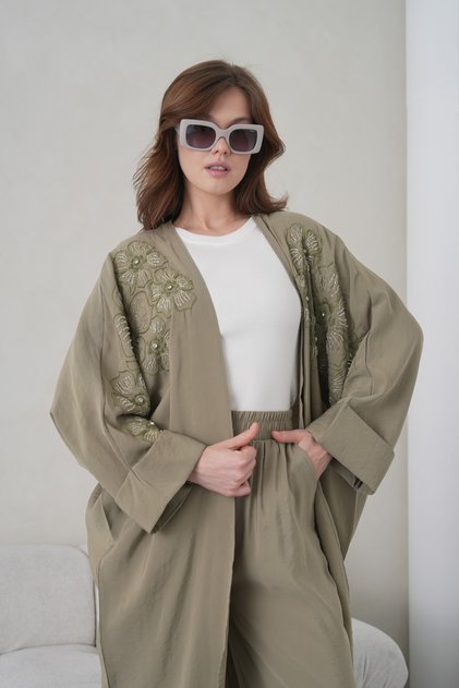 Women's Front Embroidered Beaded Linen Kimono Cardigan and Pants Top and Bottom Set