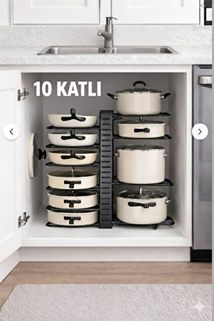10 Katlı Mutfak Depolama Rafı -Yükseklik Ayarlanabilir, Metal , Dolap Altı Tencere Tava Organizer