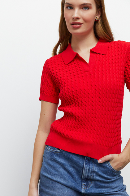 Saç Örgülü Polo Yaka Triko T-Shirt