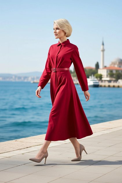 Women's Dress Shirt Collar Long Sleeve Maxi Length Plain Woven Skater Pattern Belted Unlined Daily Use