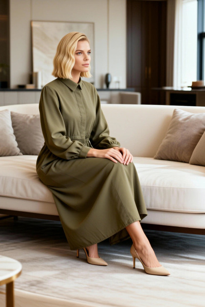 Women's Maxi Dress Shirt Hijab Skater Collar Long Sleeve Woven Terrycotton Unlined Plain Pattern