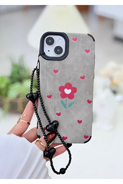 Iphone 14 Plus Ve 15 Plus Uyumlu Charm Bordo Çiçek Tasarımlı Silikon Kılıf