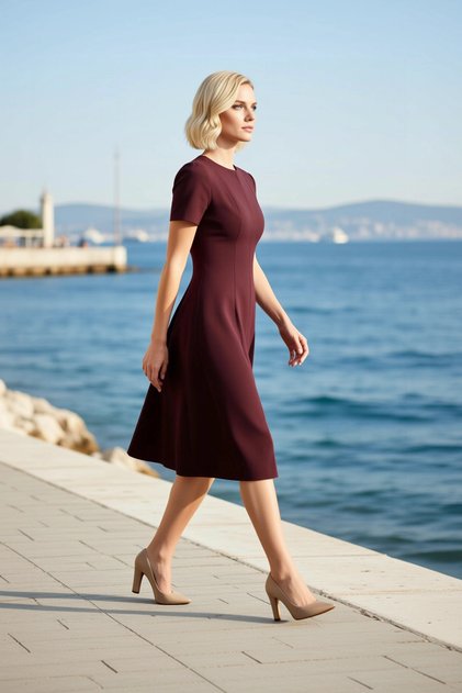 Women's Midi Dress Crew Neck Short Standard Sleeve Skater Pattern Plain Pattern Skirt with Opening at the Waist Woven