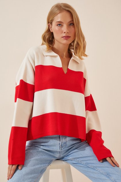 Γυναικείο Κόκκινο Λευκό Πόλο Γιακά Oversize Crop Πλεκτό Ρόλο US00685