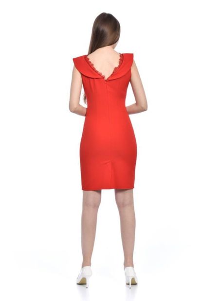 Modkofoni V Yaka Dantel Detaylı Kırmızı Kadın Abiye Elbise - 5