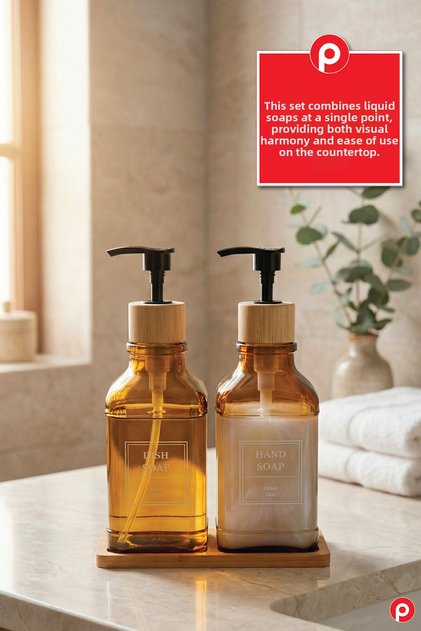 Set of Bamboo Amber Glass Liquid Soap Dispensers - Kitchen and Bathroom Set with 2 Stands & Trays