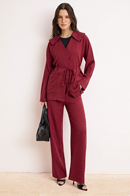 Burgundy Kimono Pants Bottom Top Set Tctss26Us00038