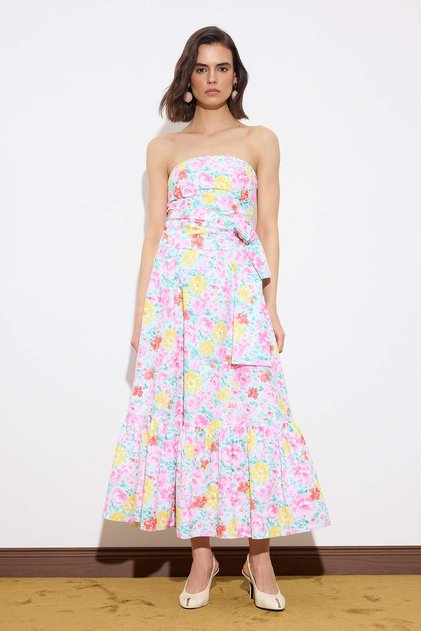 Multi-Colored Floral Pattern Belted and Gipeli Maxi Woven Dress Twoss26El00381