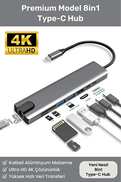 FLAGEN Macbook Air M2 2022 Type-c Çoğaltıcı Uyumlu 8 In 1 Ethernet