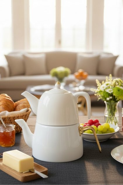 Porselen Üst Demlik & Beyaz Emaye Alt Çaydanlık – İkili Çay Seti