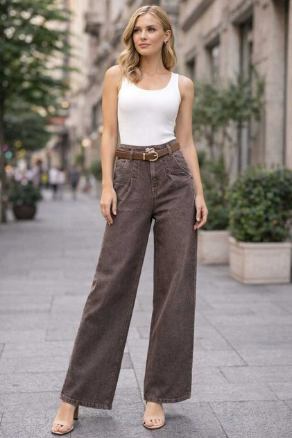 Kemerli Nervürlü Bol Paça Jeans