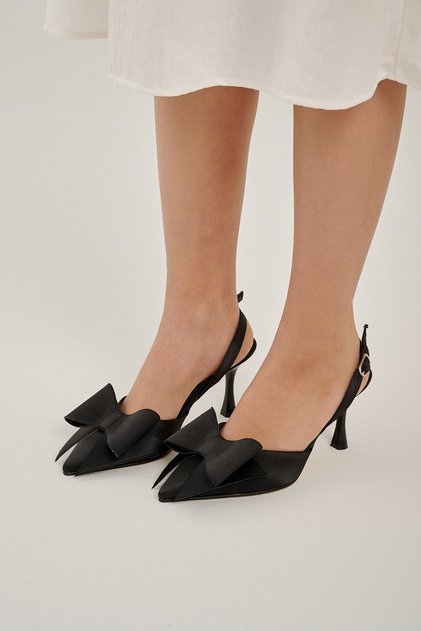 Elina Black Satin Bow Detail Women's Heeled Shoes with Back Belt