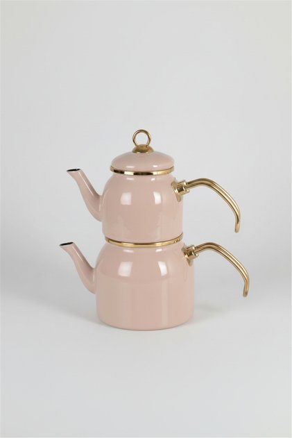 Pastel Rose Pembe Renk Emaye Çaydanlık Takımı – İkili Gold Saplı