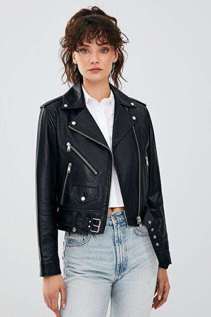 Derimod Newage Kadın Siyah Slim-Fit Biker Deri Ceket 22WGD5983U5