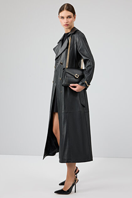 Derimod Jenny -X Kadın Siyah Kruvaze Yaka Deri Pardösü 24WGE52631M