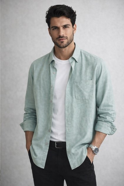 Men's Green Plain Shirt Long Sleeve with Pockets and Collar Buttons