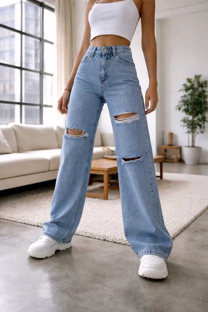 Ripped S.o.l.m.a.z Blue Snow Wash Super High Waist Loose Jean Trousers. (super High) Wide Leg