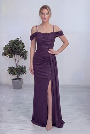 the ZKS Askılı Düşük Omuz Yırtmaç Detay Abiye Elbise Gold