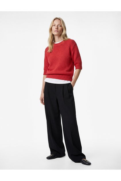 High Waist Loose Fit Crepe Fabric Pleated Trousers with Pocket Detail