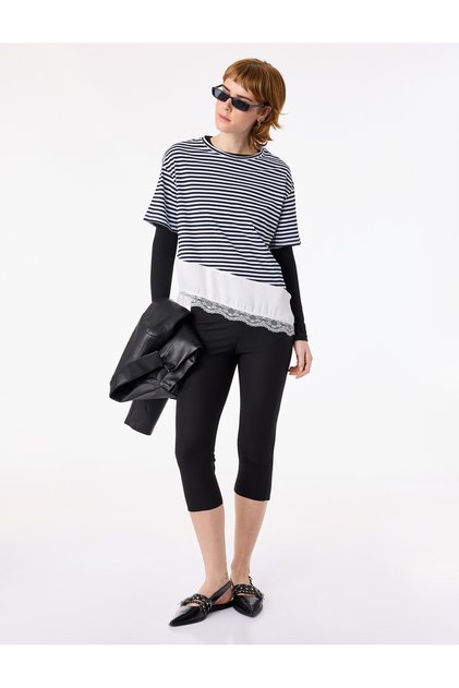 Crew Neck Short Sleeve Asymmetrical Cut Lace Detailed T-Shirt